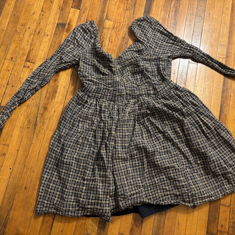 American Eagle XL Navy Plaid Ruched Babydoll Dress